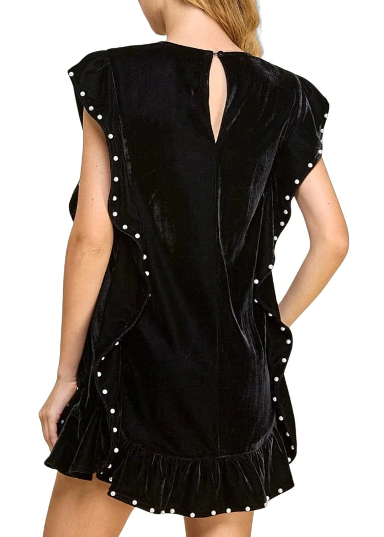Black Velvet Pearl Trim Mini Dress