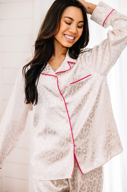 Feel The Energy Cream White Satin Leopard Pajama Set