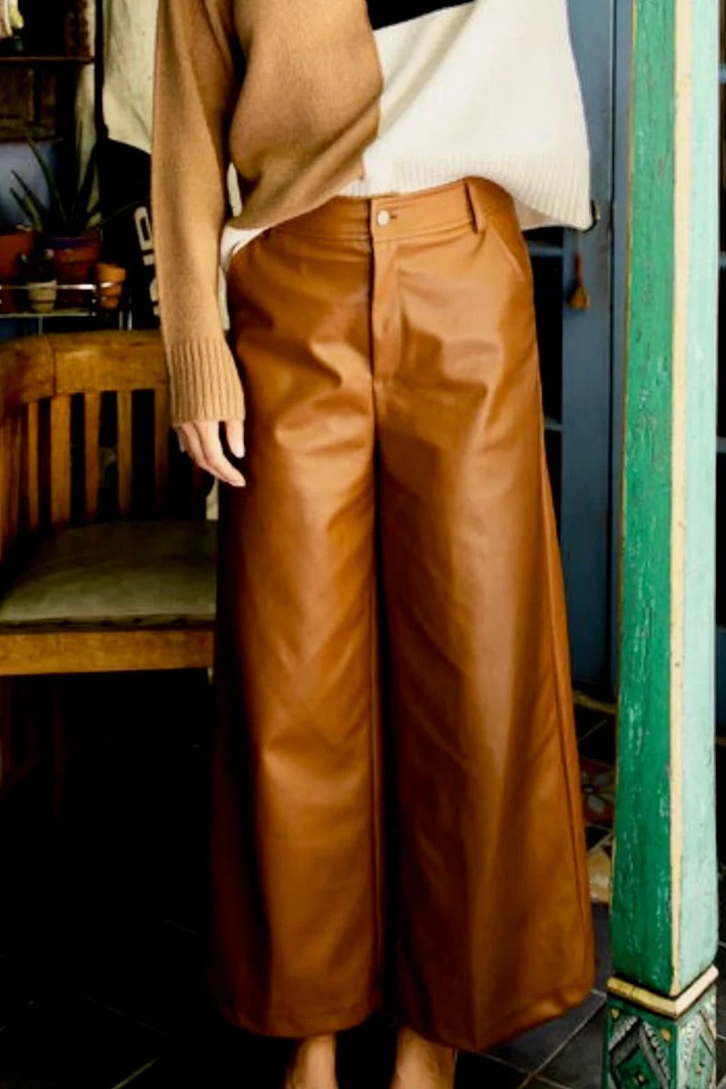 Faux leather brown wide leg pants with button zipper closure