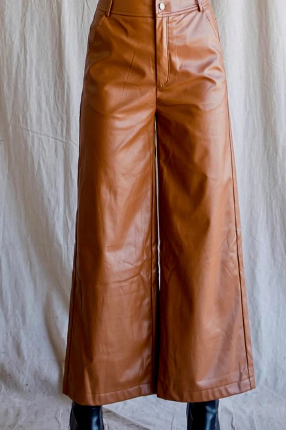 Faux leather brown wide leg pants with button zipper closure