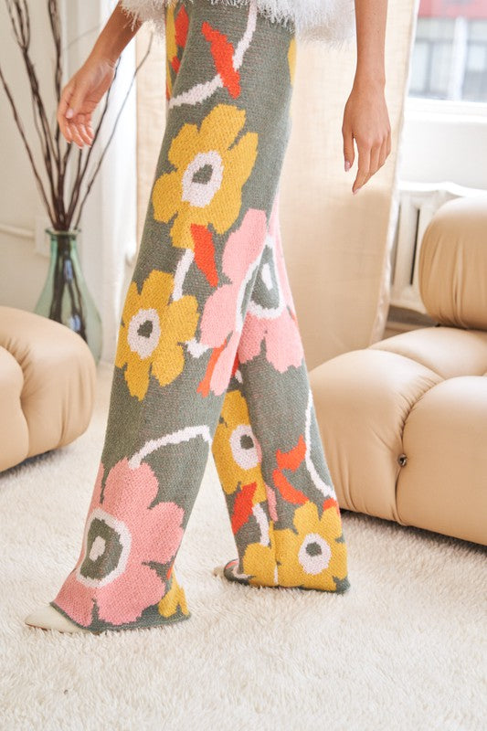 FLOWER PRINTED CASUAL COZY FULL LONG WIDE PANT