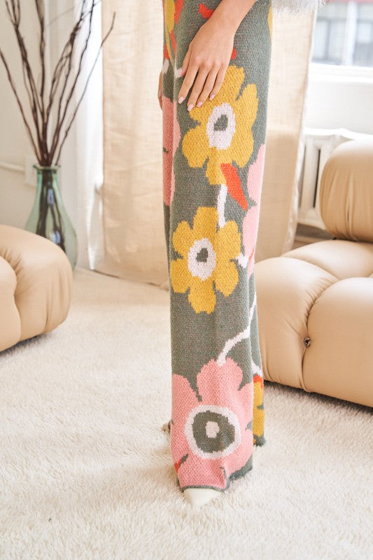 FLOWER PRINTED CASUAL COZY FULL LONG WIDE PANT