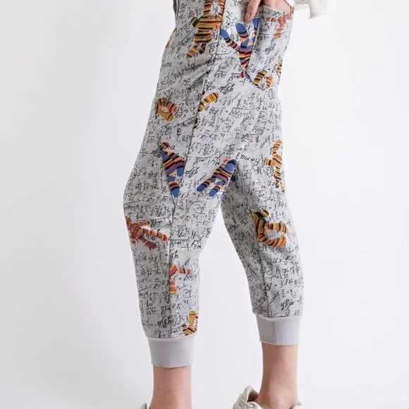Easel Monkey Printed Terry Knit Side Pockets Relaxed Fit Comfy Jogger Pants
