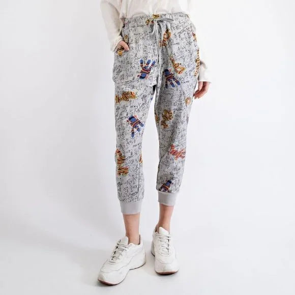 Easel Monkey Printed Terry Knit Side Pockets Relaxed Fit Comfy Jogger Pants